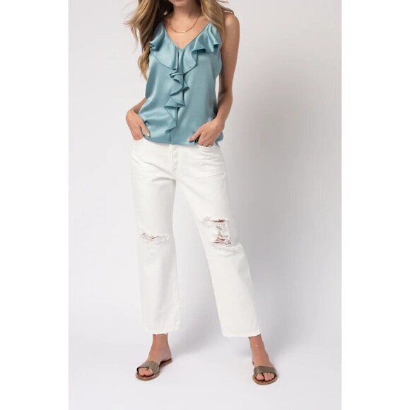 𝅺FORTE Forte New Aqua Marine Tank Top Women BNWOT Silk Blend Ruffles - Picture 1 of 8